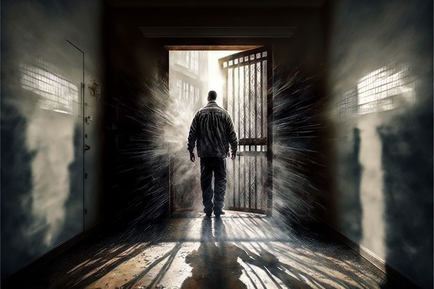 Silhouetted man walking through an open barred door in a dim corridor